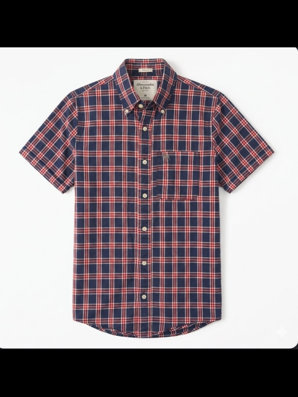 Abercrombie & Fitch Navy and Red Plaid Short Sleeve Muscle Fit Button-Down